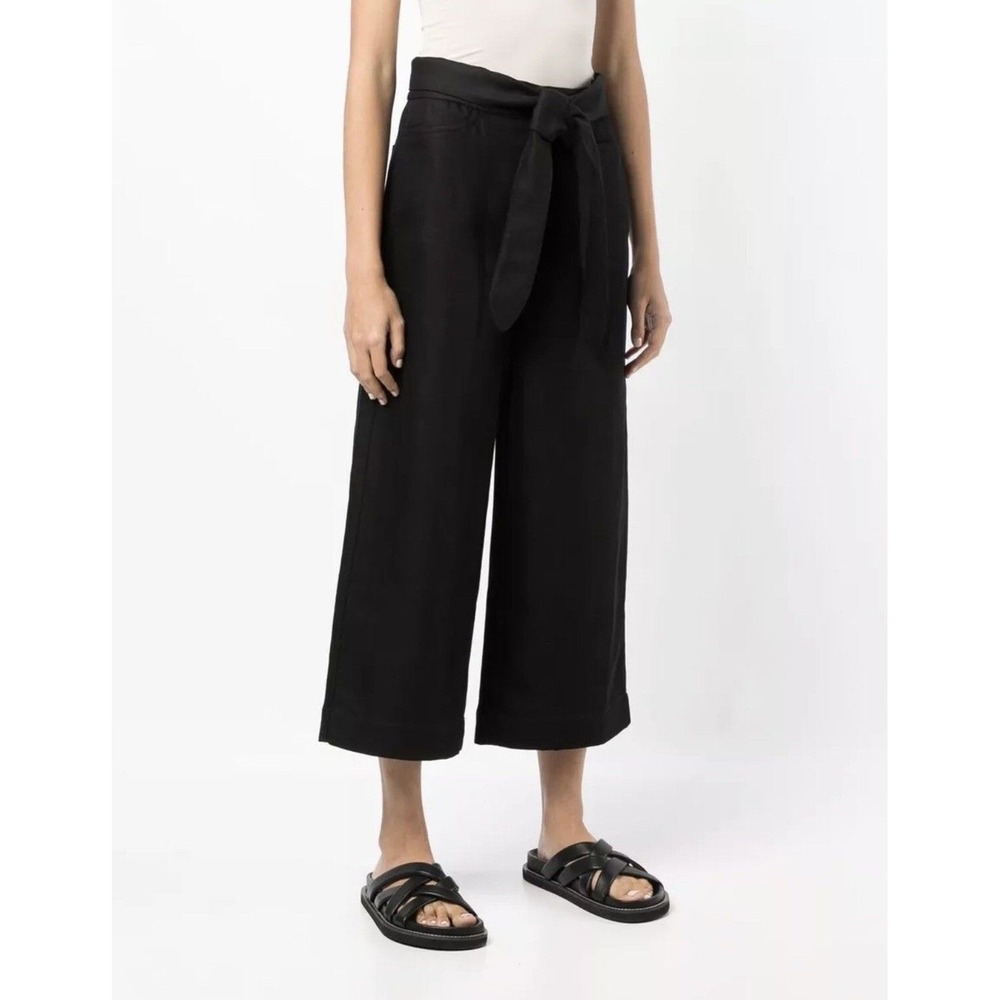 Vince Pants Women's 2 Black Cotton Linen Tie Front Crop Wide‎ Leg Minimalist